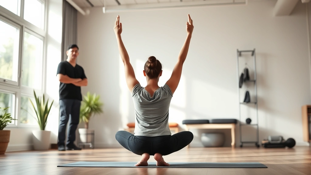 Person in meditation pose during physical therapy session, modern rehabilitation clinic, therapist observing in background, natural window light, serene atmosphere