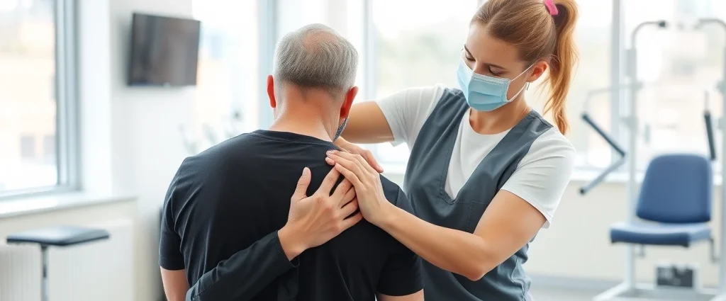 Physical therapist performing manual therapy on patient's shoulder in modern clinic with natural lighting, professional healthcare setting with rehabilitation equipment visible in background
