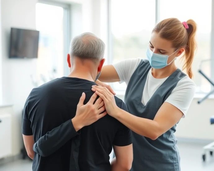 Physical therapist performing manual therapy on patient's shoulder in modern clinic with natural lighting, professional healthcare setting with rehabilitation equipment visible in background