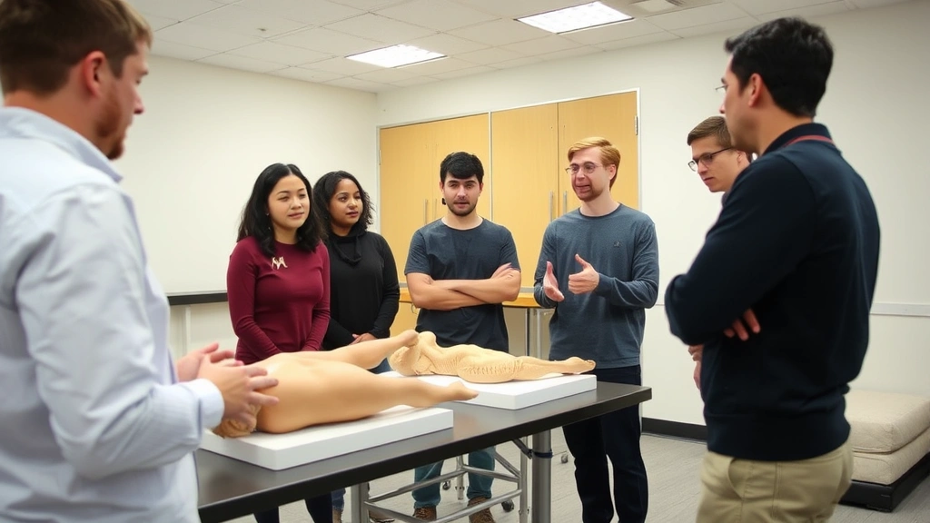 Graduate physical therapy students in laboratory setting examining anatomical models and discussing treatment techniques with instructor, diverse group in educational environment