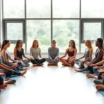 A diverse group of physical therapy students sitting in a circle during a guided meditation session in a modern, minimalist classroom with large windows overlooking nature, soft natural lighting, peaceful expression on faces, no text visible