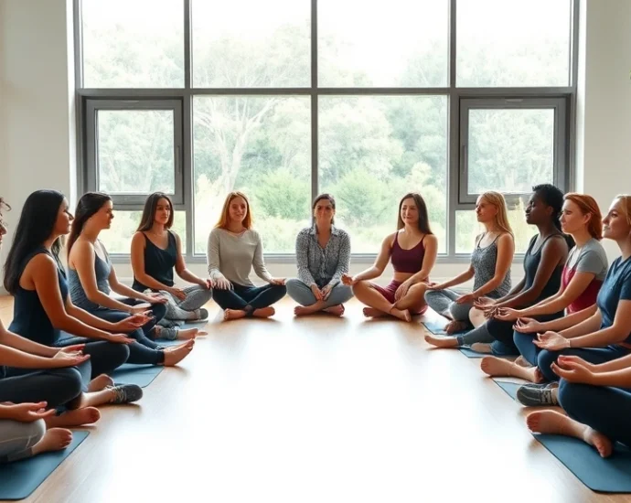 A diverse group of physical therapy students sitting in a circle during a guided meditation session in a modern, minimalist classroom with large windows overlooking nature, soft natural lighting, peaceful expression on faces, no text visible