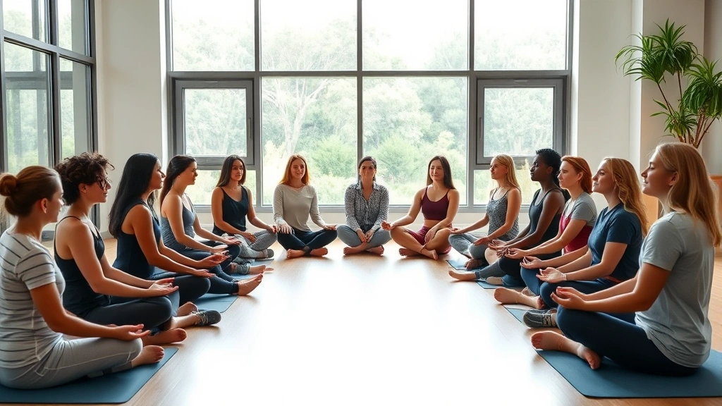 A diverse group of physical therapy students sitting in a circle during a guided meditation session in a modern, minimalist classroom with large windows overlooking nature, soft natural lighting, peaceful expression on faces, no text visible