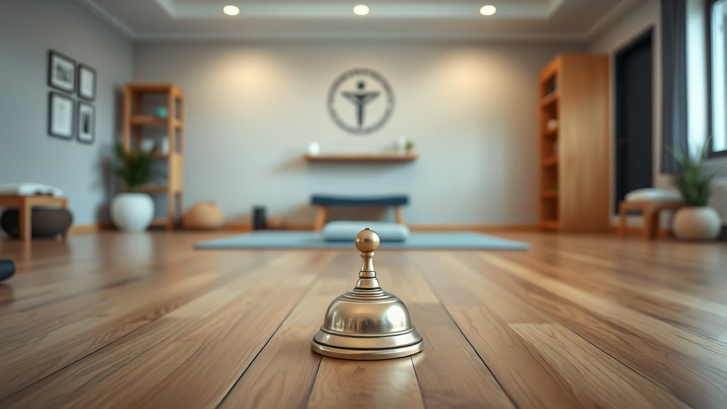 A mindfulness bell and meditation cushion on a wooden floor in a serene wellness space within a physical therapy clinic, soft diffused lighting, natural materials, peaceful environment, no text or signage visible