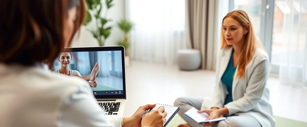 Professional female physical therapist conducting virtual video consultation on laptop with patient demonstrating leg exercise in home environment, modern bright living room with exercise mat, therapist wearing white coat taking notes