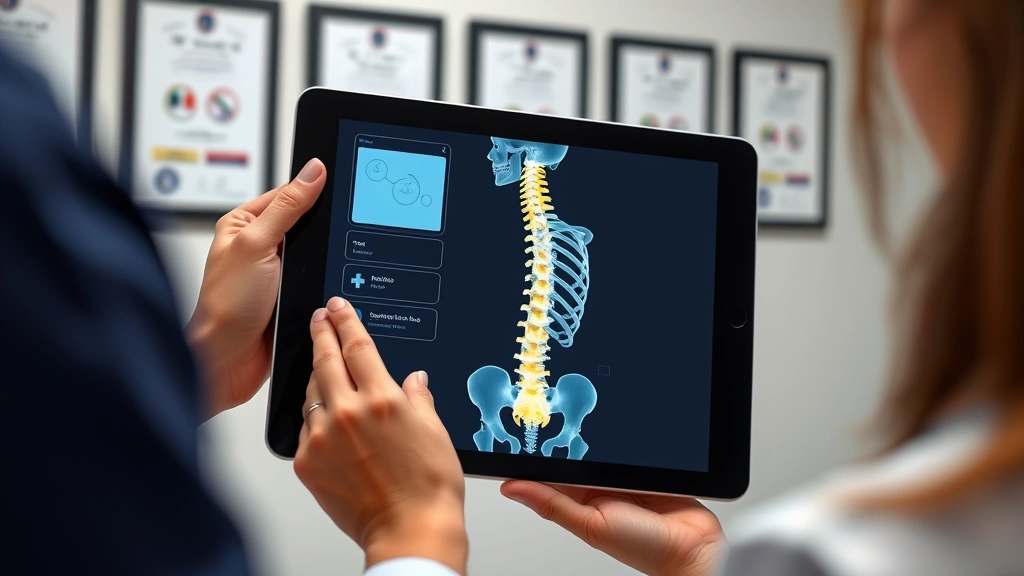 Close-up of licensed physical therapist hands holding tablet displaying 3D anatomical spine model during telehealth session, clinical office setting with medical certificates on wall, professional healthcare technology