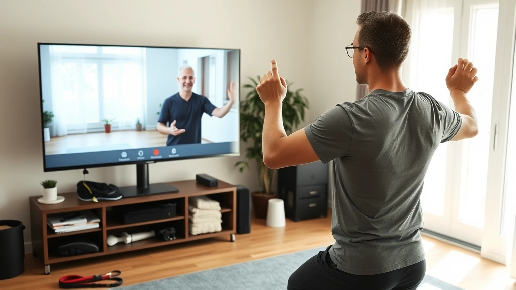 Male patient performing guided physical therapy movement exercise at home while therapist provides real-time instruction via video call on large monitor, bright natural lighting from window, exercise bands and resistance equipment visible