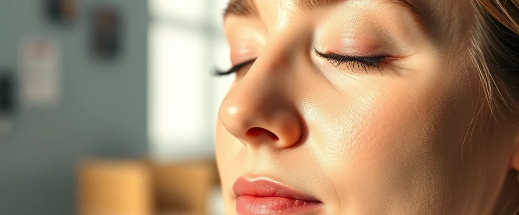 Close-up of a patient's face during meditation with eyes closed, peaceful expression, soft natural lighting, medical clinic background slightly blurred, serene atmosphere