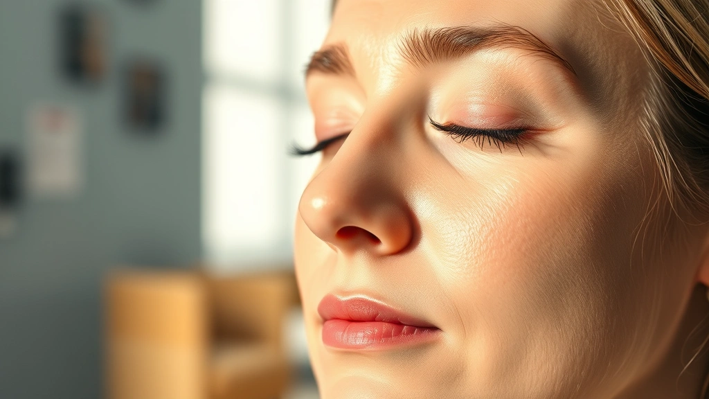 Close-up of a patient's face during meditation with eyes closed, peaceful expression, soft natural lighting, medical clinic background slightly blurred, serene atmosphere