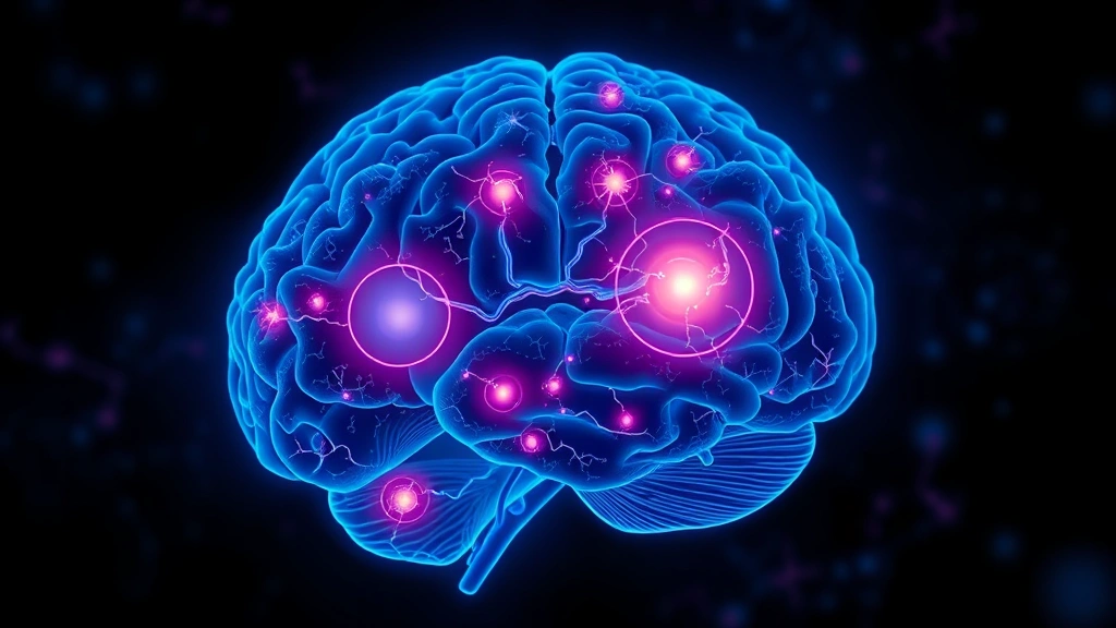 Brain scan visualization showing highlighted neural pathways and activity centers, representing mindfulness neuroplasticity, scientific medical imagery, deep blues and purples, professional medical illustration style