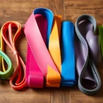 Assorted colorful resistance bands and therapy tools neatly organized on wooden surface with professional lighting, photorealistic, no text or labels visible