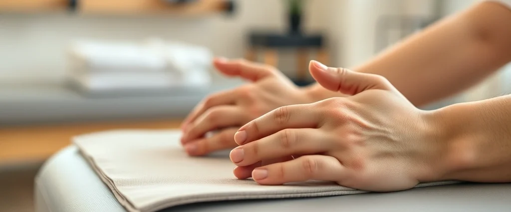 Close-up of a patient's hands gently placed on a therapy table during a physical therapy session, showing relaxation and trust in a clinical setting with soft natural lighting