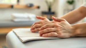 Close-up of a patient's hands gently placed on a therapy table during a physical therapy session, showing relaxation and trust in a clinical setting with soft natural lighting