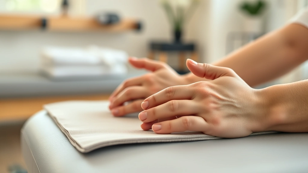 Close-up of a patient's hands gently placed on a therapy table during a physical therapy session, showing relaxation and trust in a clinical setting with soft natural lighting