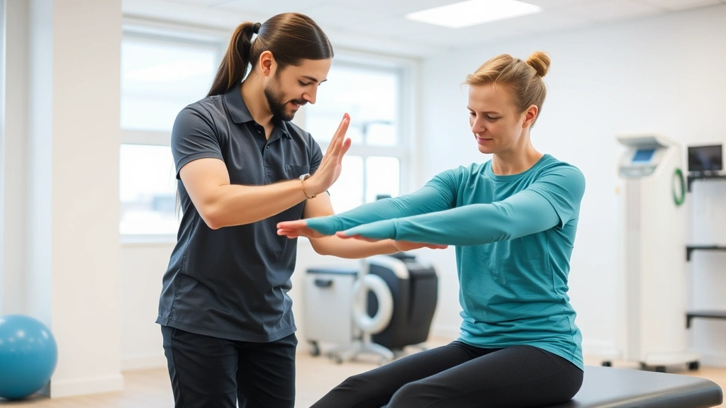 A physical therapist guiding a patient through gentle therapeutic movement exercises in a bright, modern clinic with specialized equipment visible in the background