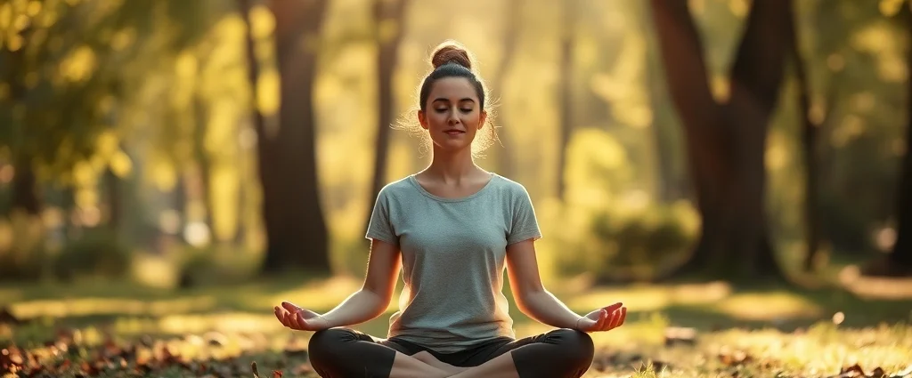 A person sitting peacefully in a serene natural setting with soft sunlight filtering through trees, demonstrating meditation and mindfulness practice in nature, photorealistic calm and tranquility