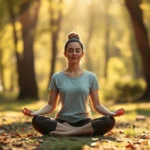 A person sitting peacefully in a serene natural setting with soft sunlight filtering through trees, demonstrating meditation and mindfulness practice in nature, photorealistic calm and tranquility