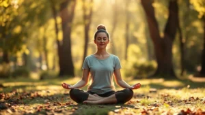 A person sitting peacefully in a serene natural setting with soft sunlight filtering through trees, demonstrating meditation and mindfulness practice in nature, photorealistic calm and tranquility