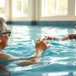 A person with multiple sclerosis performing water aerobics in a therapeutic pool, swimming with controlled movements, bright aquatic environment with natural lighting through windows, therapist nearby, photorealistic, showing physical rehabilitation in action