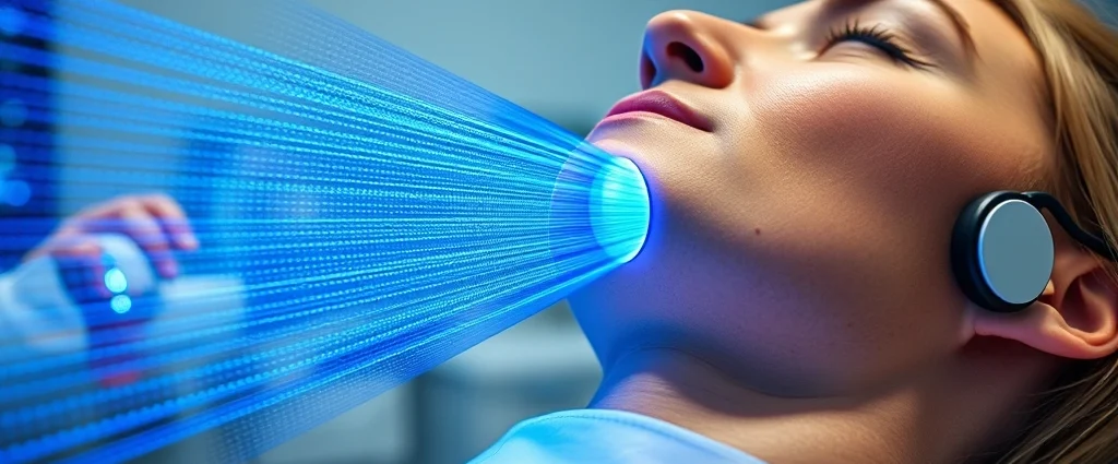 Close-up of piezowave therapy device emitting acoustic waves with blue energy visualization, professional medical setting, modern clinic environment, realistic lighting