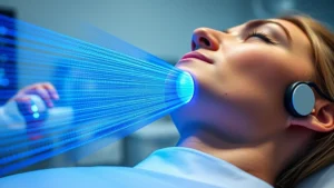 Close-up of piezowave therapy device emitting acoustic waves with blue energy visualization, professional medical setting, modern clinic environment, realistic lighting