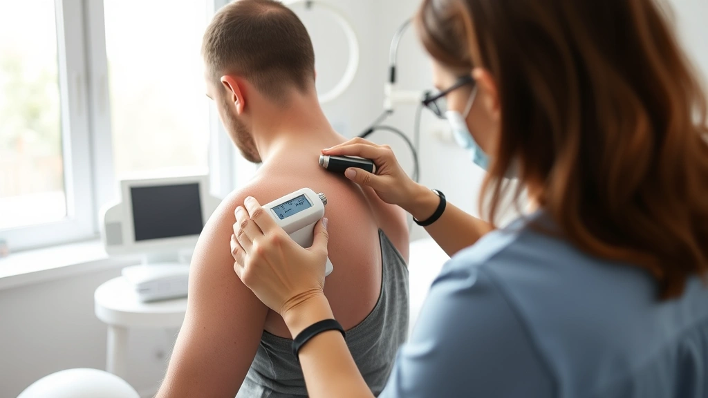 Patient receiving piezowave therapy treatment on shoulder, therapist applying handheld device, clinical atmosphere, medical equipment visible, natural daylight from windows