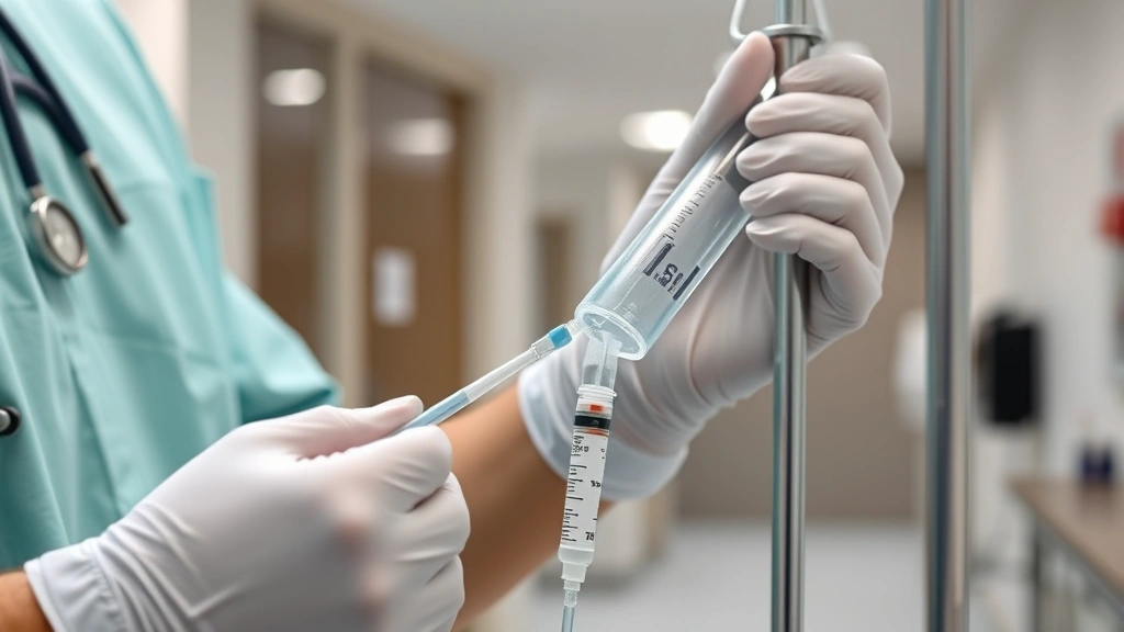 Healthcare professional in sterile gloves carefully connecting secondary IV tubing to primary infusion line with injection port visible, modern hospital setting, professional medical environment