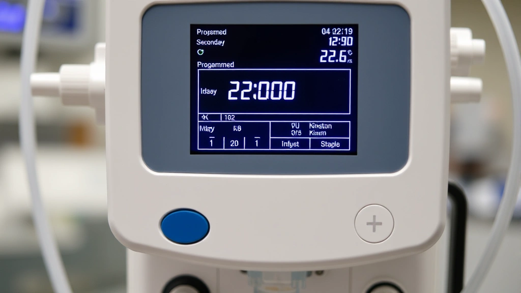 Close-up of modern infusion pump displaying programmed secondary medication parameters with digital screen, tubing connections, and professional medical technology setup