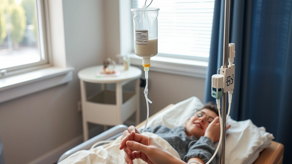Patient receiving IV therapy in comfortable chair with secondary piggyback medication bag elevated above primary IV line, peaceful clinical environment, demonstrating proper setup technique