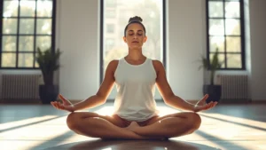 Person sitting in peaceful meditation pose in modern minimalist room with natural sunlight streaming through large windows, serene facial expression, photorealistic calm environment