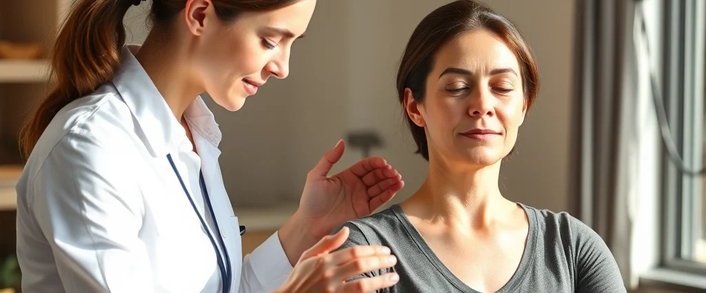 Therapist and patient during rehabilitation session, patient focused on movement with serene expression, hands-on guidance in clinical setting, natural light, warm colors
