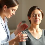 Therapist and patient during rehabilitation session, patient focused on movement with serene expression, hands-on guidance in clinical setting, natural light, warm colors