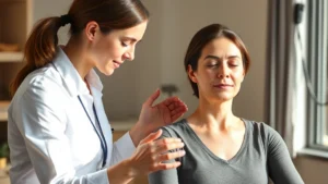 Therapist and patient during rehabilitation session, patient focused on movement with serene expression, hands-on guidance in clinical setting, natural light, warm colors