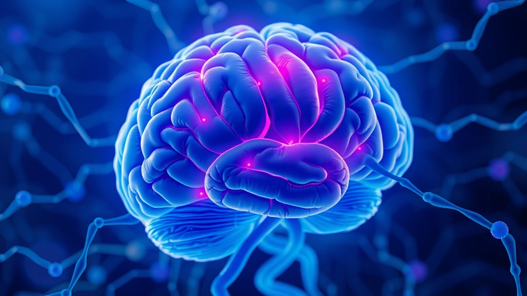 Brain neural network visualization with highlighted insula and prefrontal cortex regions, abstract flowing connections, blue and purple tones, scientific illustration style