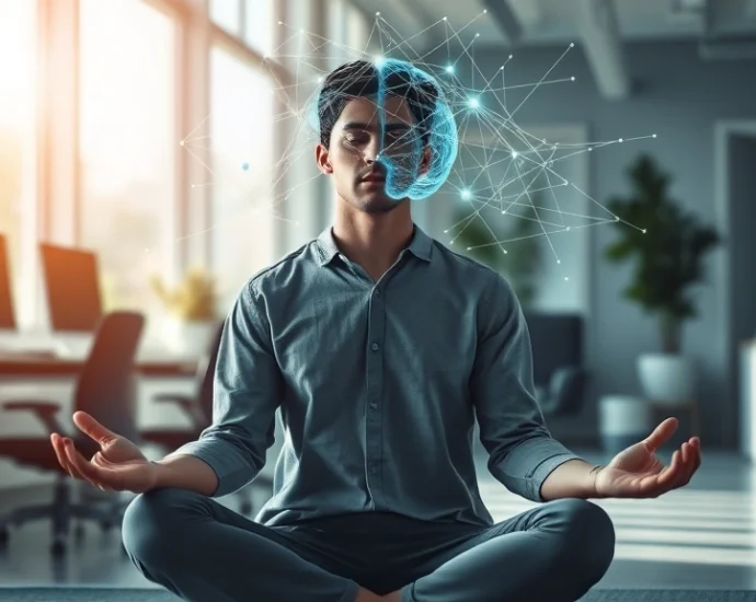 Person sitting in meditation posture in modern office environment with natural light, focused expression, brain visualization overlay showing neural networks glowing, photorealistic, professional atmosphere, no text or letters visible