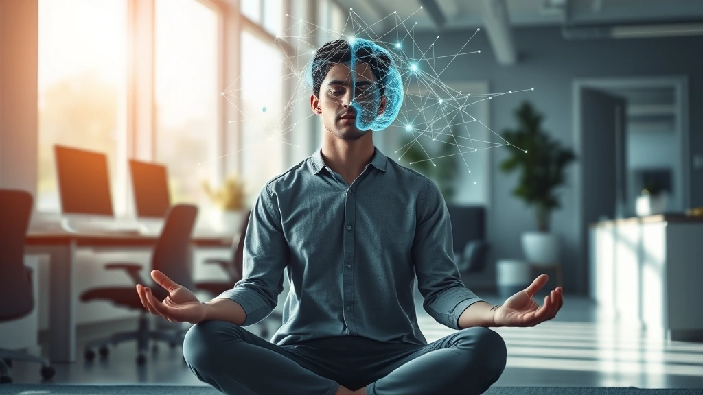 Person sitting in meditation posture in modern office environment with natural light, focused expression, brain visualization overlay showing neural networks glowing, photorealistic, professional atmosphere, no text or letters visible