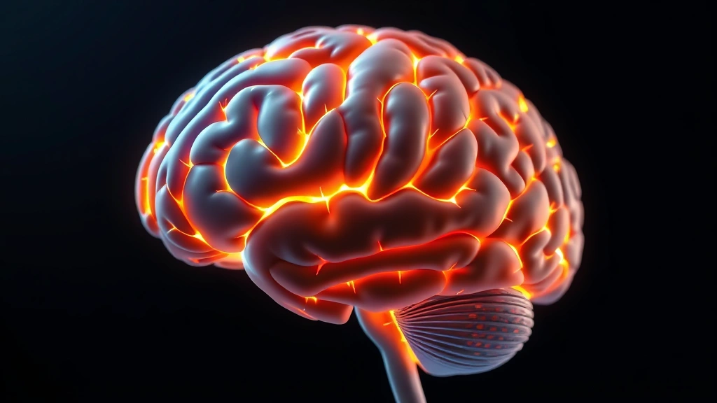 Close-up of human brain with highlighted prefrontal cortex and neural connections illuminated in blue and gold, scientific visualization style, photorealistic rendering, clean background, no labels or text