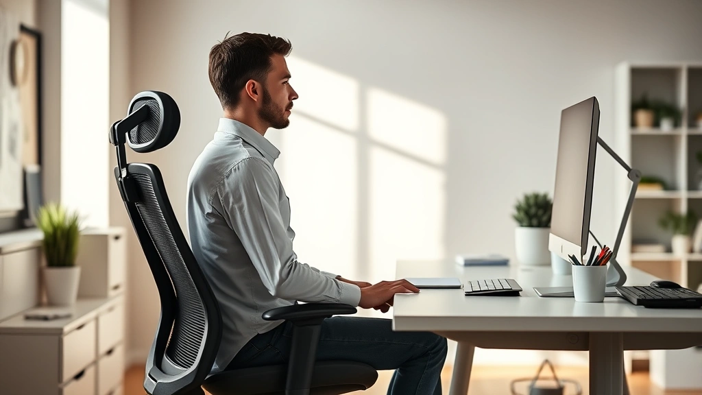 Professional workspace setup showing ergonomic desk chair and work surface with person in good posture, mindful expression, soft natural lighting, productivity visualization, no screens or visible text