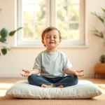 Child sitting peacefully in lotus position on soft cushion in bright, natural-lit therapy room with plants and warm lighting, eyes gently closed, calm expression, sunlight streaming through windows, minimalist background