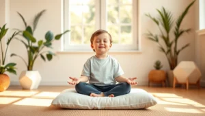 Child sitting peacefully in lotus position on soft cushion in bright, natural-lit therapy room with plants and warm lighting, eyes gently closed, calm expression, sunlight streaming through windows, minimalist background