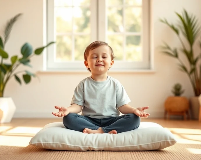 Child sitting peacefully in lotus position on soft cushion in bright, natural-lit therapy room with plants and warm lighting, eyes gently closed, calm expression, sunlight streaming through windows, minimalist background