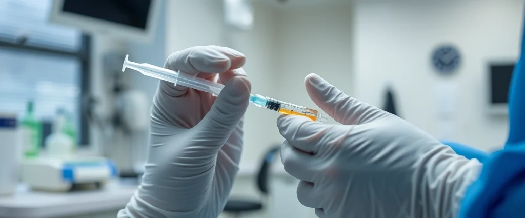 Medical professional performing injection procedure in clinical setting with sterile equipment, close-up of hands with gloves preparing treatment, modern medical office background, professional healthcare environment