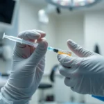 Medical professional performing injection procedure in clinical setting with sterile equipment, close-up of hands with gloves preparing treatment, modern medical office background, professional healthcare environment