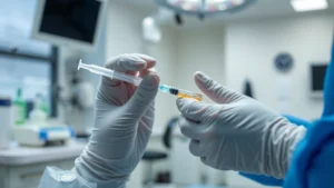 Medical professional performing injection procedure in clinical setting with sterile equipment, close-up of hands with gloves preparing treatment, modern medical office background, professional healthcare environment