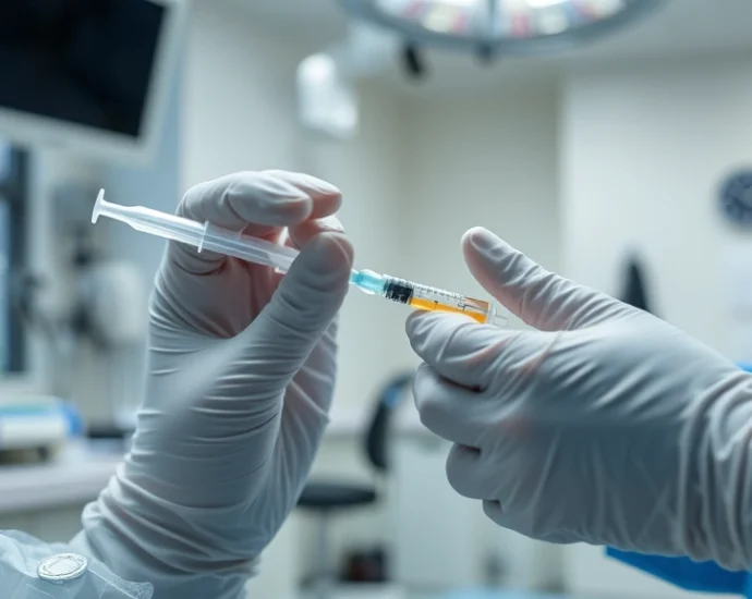 Medical professional performing injection procedure in clinical setting with sterile equipment, close-up of hands with gloves preparing treatment, modern medical office background, professional healthcare environment