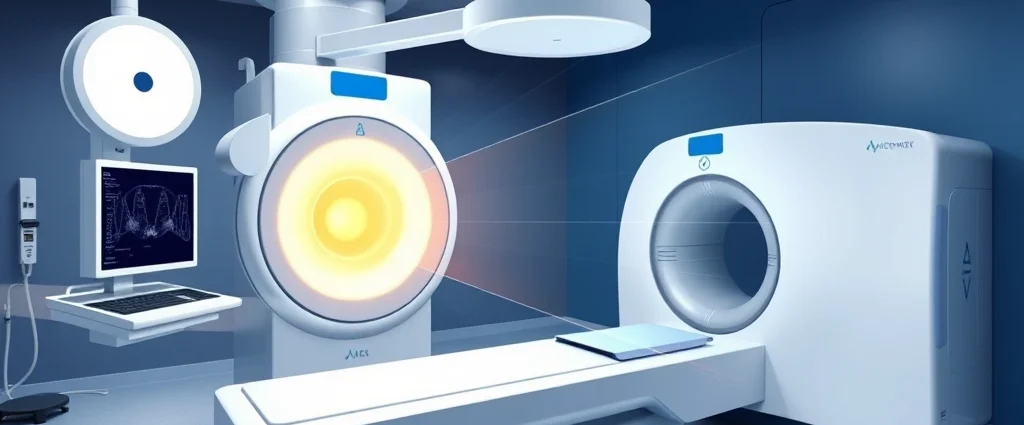 Medical illustration showing proton beam therapy equipment with Bragg peak visualization, advanced radiation oncology technology, photorealistic clinical setting with blue and white color scheme, no text or labels