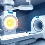 Medical illustration showing proton beam therapy equipment with Bragg peak visualization, advanced radiation oncology technology, photorealistic clinical setting with blue and white color scheme, no text or labels