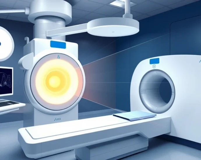 Medical illustration showing proton beam therapy equipment with Bragg peak visualization, advanced radiation oncology technology, photorealistic clinical setting with blue and white color scheme, no text or labels
