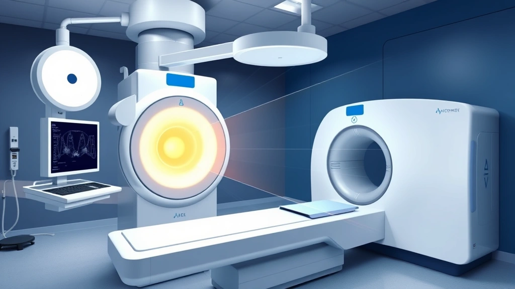 Medical illustration showing proton beam therapy equipment with Bragg peak visualization, advanced radiation oncology technology, photorealistic clinical setting with blue and white color scheme, no text or labels