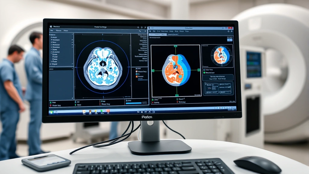 Close-up view of proton therapy treatment planning workstation with 3D tumor imaging, patient positioning system, clinical environment, medical professionals in background, no screen text visible